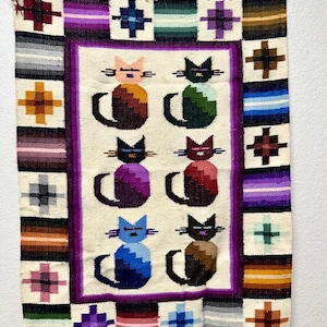 tissage du Pérou vintage, tissage de chats, art populaire, lecture latino-américaine, amoureux des chats