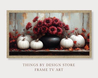 Moody Fall Mums & Pumpkins Frame TV Art | Vintage Fall Mums Painting | Rustic Deep Burgundy Fall Mums TV Screensaver | Digital Download
