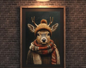 Printable Cute Fall Deer Portrait | Woodland Animal Portrait | Charming Deer in Fall Clothes Printable Wall Art