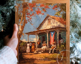 May include: A framed oil painting depicts a festive scene with a house, people, and a Puerto Rican flag. The artwork features a house with a red roof and a porch where musicians play. The painting is in a wooden frame.