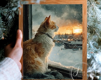 Cat by Snowy Window Wall Art | Winter Watercolor Art | Rustic Holiday Wall Art | PRINTABLE