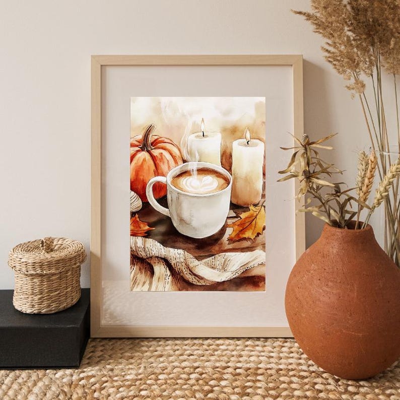 May include: A watercolor painting of a cozy autumn scene with a cup of coffee, a pumpkin, and two candles. The coffee has a heart-shaped design in the foam and steam is rising from the cup. The pumpkin is orange and the candles are white. The background is a warm brown color.
