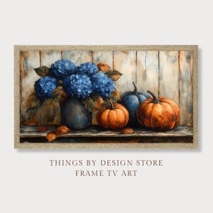 May include: A painting of a still life with blue hydrangeas in a vase and three pumpkins on a wooden shelf. The background is a rustic wood panel.