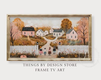 Autumn Cottage Garden Gate Frame TV Art | Pink Village Fall Decor