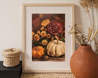 Moody Fall Pumpkins and Florals | Thanksgiving Autumn Wall Art Digital Download | Rustic Fall Pumpkins | Thanksgiving Wall Art