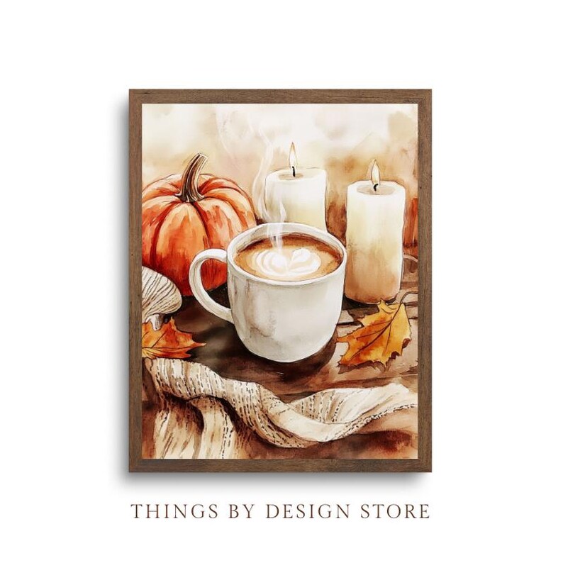 May include: A watercolor painting of a cozy autumn scene with a cup of coffee, a pumpkin, and two candles. The coffee has a white foam design on top and steam rising from it. The pumpkin is orange and has a green stem. The candles are white and are lit. The scene is set on a wooden table with a brown and white knitted blanket.
