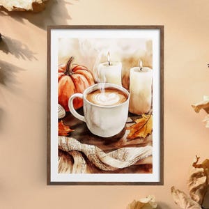 May include: A watercolor painting of a cozy autumn scene with a steaming cup of coffee, a pumpkin, and two lit candles. The coffee cup is white with a brown handle and has a heart-shaped design in the foam. The pumpkin is orange and has a green stem. The candles are white and are in glass holders. The background is a light brown color with a hint of orange.