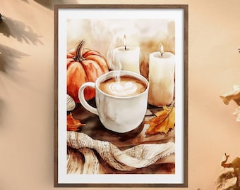 Vintage Pumpkin Spice Latte Watercolor Wall Art | Fall Cozy Wall Decor | Printable Pumpkin Spice Latte Wall Art | Digital Download