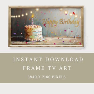 May include: A digital painting of a birthday cake with a single lit candle, surrounded by confetti. The background is a light blue with white lights and the words "Happy Birthday" in gold lettering.