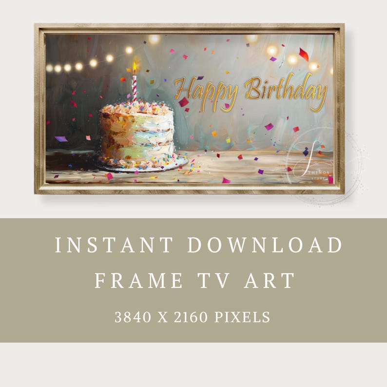 May include: A digital painting of a birthday cake with a single lit candle, surrounded by confetti. The background is a light blue with white lights and the words "Happy Birthday" in gold lettering.