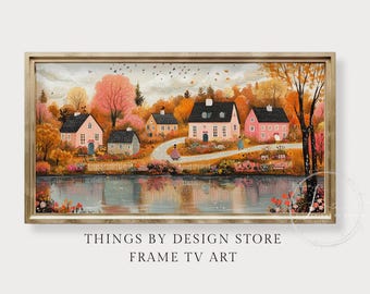 Pink Autumn Lakeside Village Frame TV Art | Cozy Fall Cottage Decor