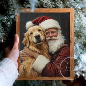 Santa Hugging Golden Retriever Christmas Art | Vintage Dog Christmas Wall Art | Santa & Golden Retriever Christmas Decor | PRINTABLE
