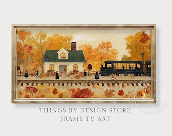 Autumn Train Station Frame TV Art | Charming Fall Countryside | Cozy Fall Village Scene