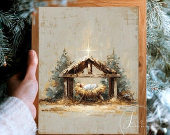 Puede incluir: Impresión enmarcada que representa una escena de la Natividad. La obra de arte muestra un bebé en un pesebre bajo un refugio de madera, con una estrella brillante encima. La paleta de colores incluye tonos beige, marrón y dorado, evocando calidez y reverencia.
