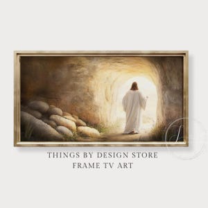May include: A painting of a man in white robes walking out of a cave. The cave is lit by a bright light, and the man is walking towards the light. The painting is a depiction of Jesus Christ rising from the tomb.