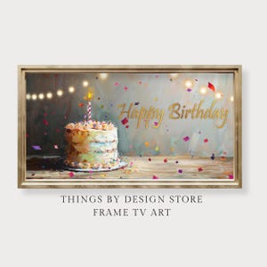 May include: A painting of a birthday cake with a lit candle on top. The cake is surrounded by confetti and the words "Happy Birthday" are written in gold letters on a blue background.
