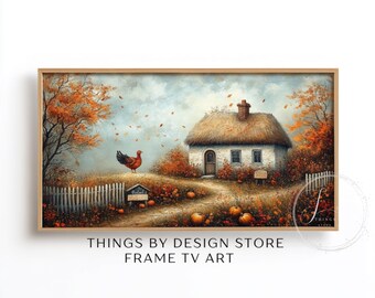 Rustic Autumn Cottage & Turkey TV Art | Vintage Fall and Thanksgiving Frame TV Art | Cozy Fall Tv Art