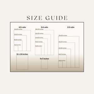 May include: A beige graphic with the text "SIZE GUIDE" at the top. Below, it shows various rectangular shapes labeled with aspect ratios and dimensions in inches, including 4:5, 3:4, and 2:3 ratios, with sizes like 40x50 cm and 30x38 cm.
