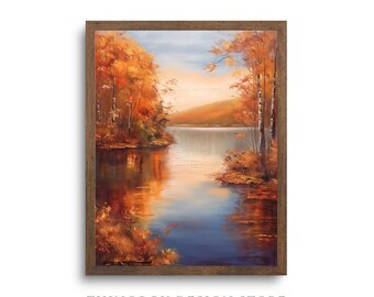 Vintage Fall Lake Landscape | Red Autumn Lake Scene Oil Painting Wall Art | Rustic Fall Landscape Printable | Digital Download