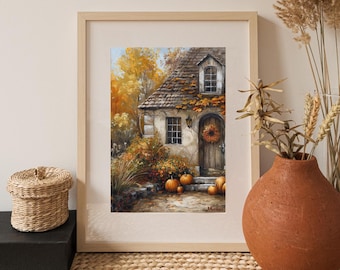 Fall Farmhouse and Pumpkins Wall Art | Printable Cozy Autumn Wall Decor | Rustic Fall Art | Digital Download | Vintage Fall Decor