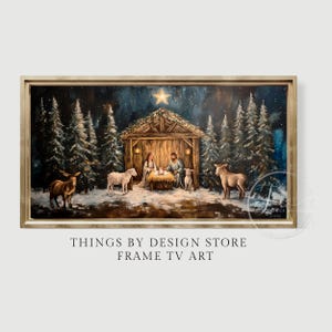 Puede incluir: Una pintura de la escena de la natividad con María, José y el niño Jesús en un establo de madera. La escena está ambientada en un bosque nevado de noche con una estrella brillante brillando en el cielo. Hay dos ovejas y un ciervo en primer plano.