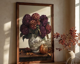 Burgundy Hydrangea Pumpkin Wall Art | Fall Farmhouse Floral Still Life