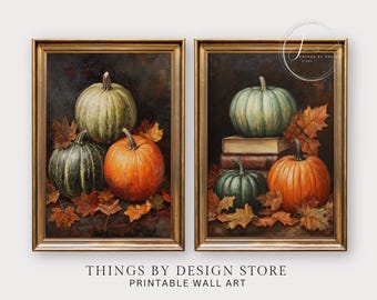 Vintage style Pumpkin Wall Art Set of 2 | Cozy Fall Harvest Decor | Autumn Still Life Prints