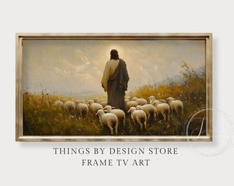 May include: A painting of Jesus Christ walking with a flock of white sheep in a field. The painting is framed in a gold frame.