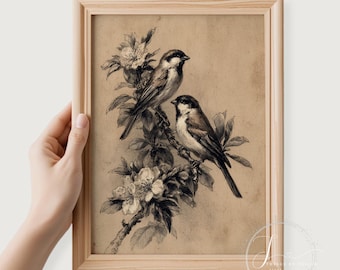 Tranquil Birds Vintage Style Sketch Wall Art | Romantic Nature Wall Decor | Digital Download