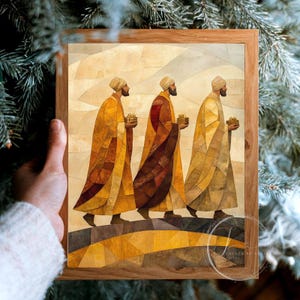 May include: Three men in colorful robes walk across a landscape, carrying gifts. The men are depicted in a mosaic style, with each robe made up of many small squares of different colors. The background is a muted yellow and brown, with a hint of blue in the distance.