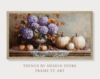 Vintage Hydrangeas & Pumpkins Fall Frame TV Art Rustic Hydrangeas Oil Painting TV Art Still Life Thanksgiving Frame TV Art Digital Download