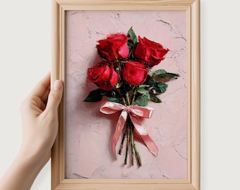 Romantic Red Roses Bouquet Wall Art | Valentine’s Day Wall Décor | Minimalist Floral Gift for Her