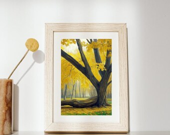Printable Fall Wall Art, Golden Fall Tree Oil Painting, Autumn Trees Wall Art, Farmhouse Wall Art Print, Digital Download