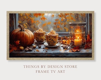 Cozy Fall Decor Pumpkin Spice & Caramel Apple TV Art | Rustic Café Frame TV Art Oil Painting | Fall Coffee Art for Frame TVs