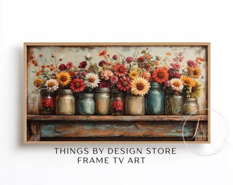 Vintage-Style Rustic Fall Flowers Frame TV Art Download | Cottage Mason Jar Still Life with Sunflowers TV Art