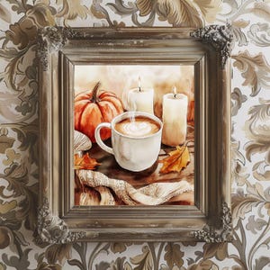 May include: A watercolor painting of a cozy autumn scene with a steaming cup of coffee, two lit candles, and a pumpkin. The coffee cup is white with a brown handle and a heart-shaped design in the foam. The candles are white and tall, with a warm glow. The pumpkin is orange and round, with a green stem. The scene is set on a wooden table with a brown scarf and autumn leaves.