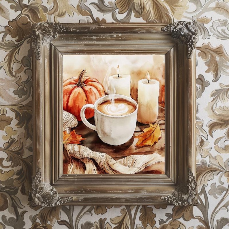 May include: A watercolor painting of a cozy autumn scene with a steaming cup of coffee, two lit candles, and a pumpkin. The coffee cup is white with a brown handle and a heart-shaped design in the foam. The candles are white and tall, with a warm glow. The pumpkin is orange and round, with a green stem. The scene is set on a wooden table with a brown scarf and autumn leaves.