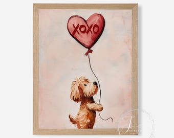 Cute Dog with Heart Balloon Valentine’s Wall Art | Sweet Puppy Valentine Decor | Digital Download