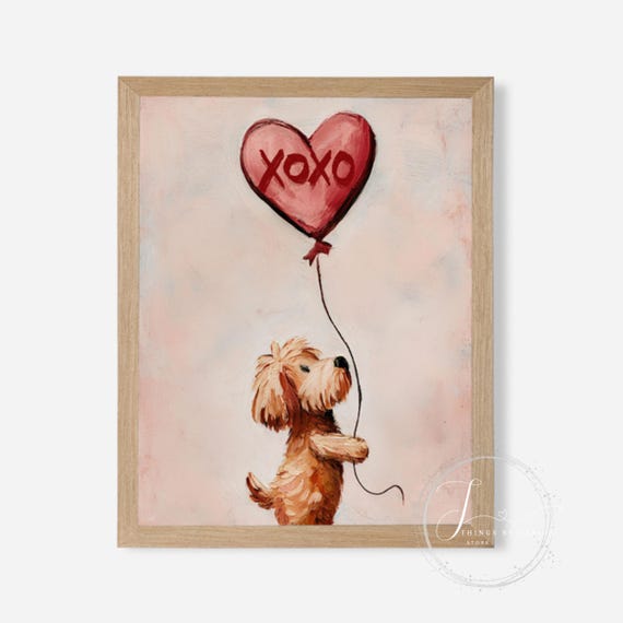 Cute Dog with Heart Balloon Valentine’s Wall Art | Sweet Puppy Valentine Decor | Digital Download