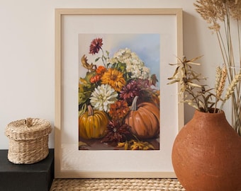 Fall Pumpkins and Florals Painting Wall Art | Thanksgiving Rustic Autumn Wall Decor | Rustic Fall Art | PRINTABLE