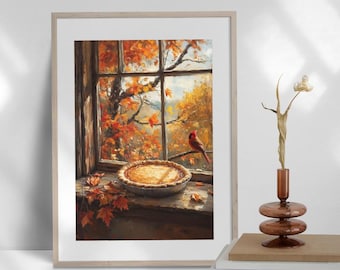 Vintage Fall Kitchen Wall Art Pumpkin Pie Autumn Decor, Farmhouse Style Oil Painting, and Cozy Fall Print Digital Download