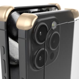May include: A black smartphone case with gold accents and a clear camera lens protector. The case has a raised lip around the camera lenses to protect them from scratches.