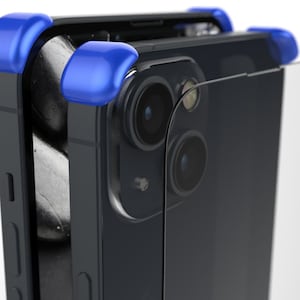 May include: A black smartphone with a blue protective case and a clear screen protector. The phone has a triple camera system on the back.