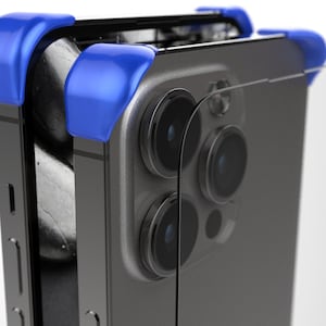 May include: A black smartphone with a blue protective case and a clear screen protector. The phone has a triple camera system on the back.