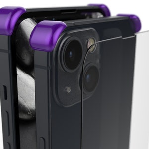 May include: A black smartphone case with purple accents and a clear screen protector. The case has a raised camera bump with two lenses.