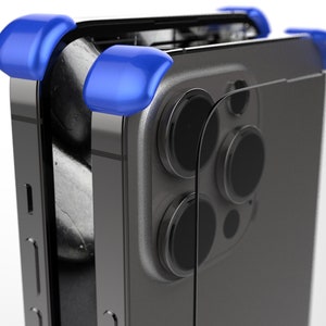 May include: A black smartphone with a clear screen protector and blue protective corners. The phone has a triple camera system on the back.