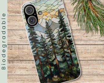 Mountain Biodegradable Phone Case, Stained Glass Look Forest Case, EcoFriendly Phone Case, Mountains Sunset Cell, iPhone or Samsung (326)