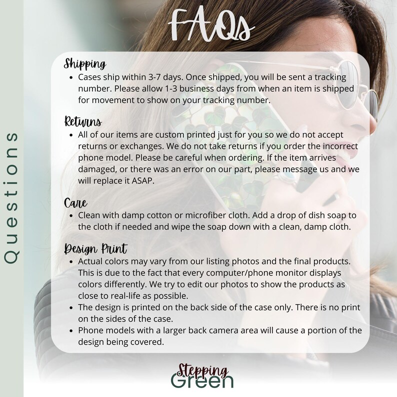 May include: FAQs about phone cases, including shipping, returns, care, and design print information. The text highlights that cases are custom printed and that colors may vary slightly from the listing photos.
