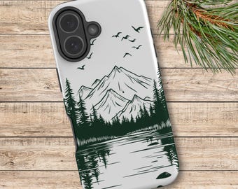 Mountain Phone Case, Line Art Forest Case, MageSafe Tough Phone Case, Lake Nature Lover Cell, iPhone or Samsung or Google (327)