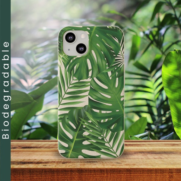 Green Tropical Monstera Leaves Biodegradable Phone Case, Vacation Mobile Case | Earth Day Environmental Sustainability Gift Case (128)